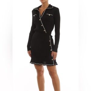 Black Ribbed Long-Sleeve Knit Dress with White Trim and Gold Buttons